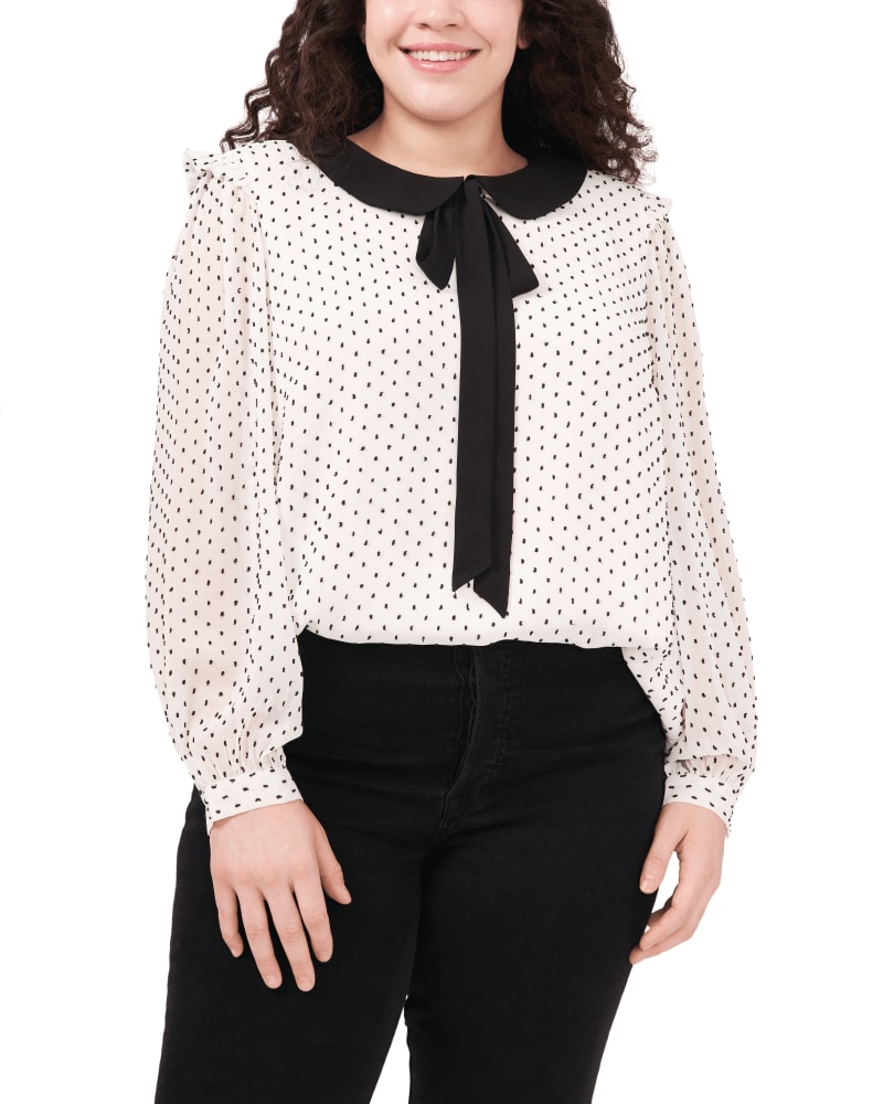 Front of a model wearing a size 1X Melanie Tie Collar Blouse in 105-SOFT ECRU by CeCe. | dia_product_style_image_id:263943